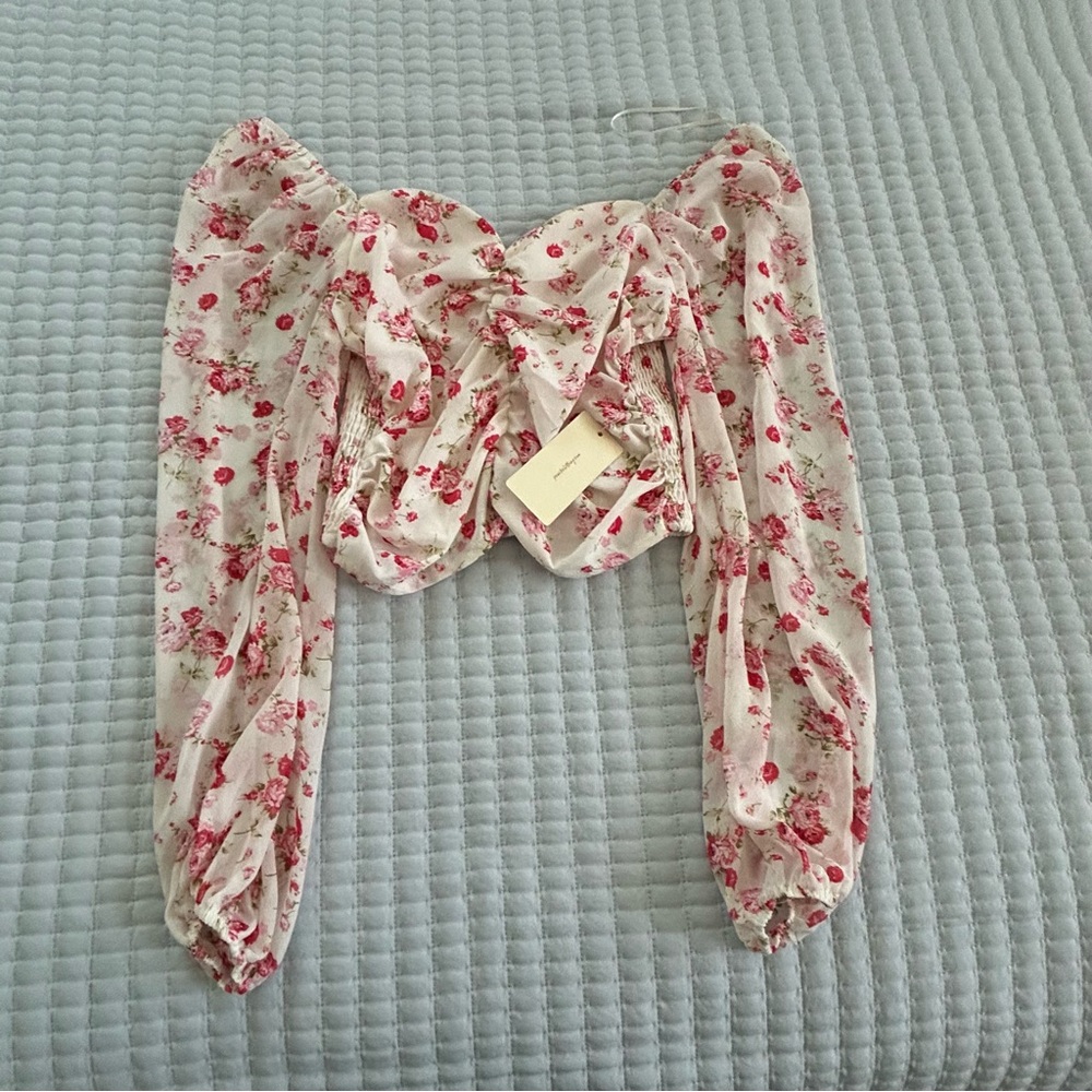 Pink and Red Puff Sleeve Floral Blouse with Tie Front